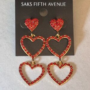 Saks Fifth Avenue Gold Tone Dangling Triple Heart Red Crystal Post Earrings 2.25